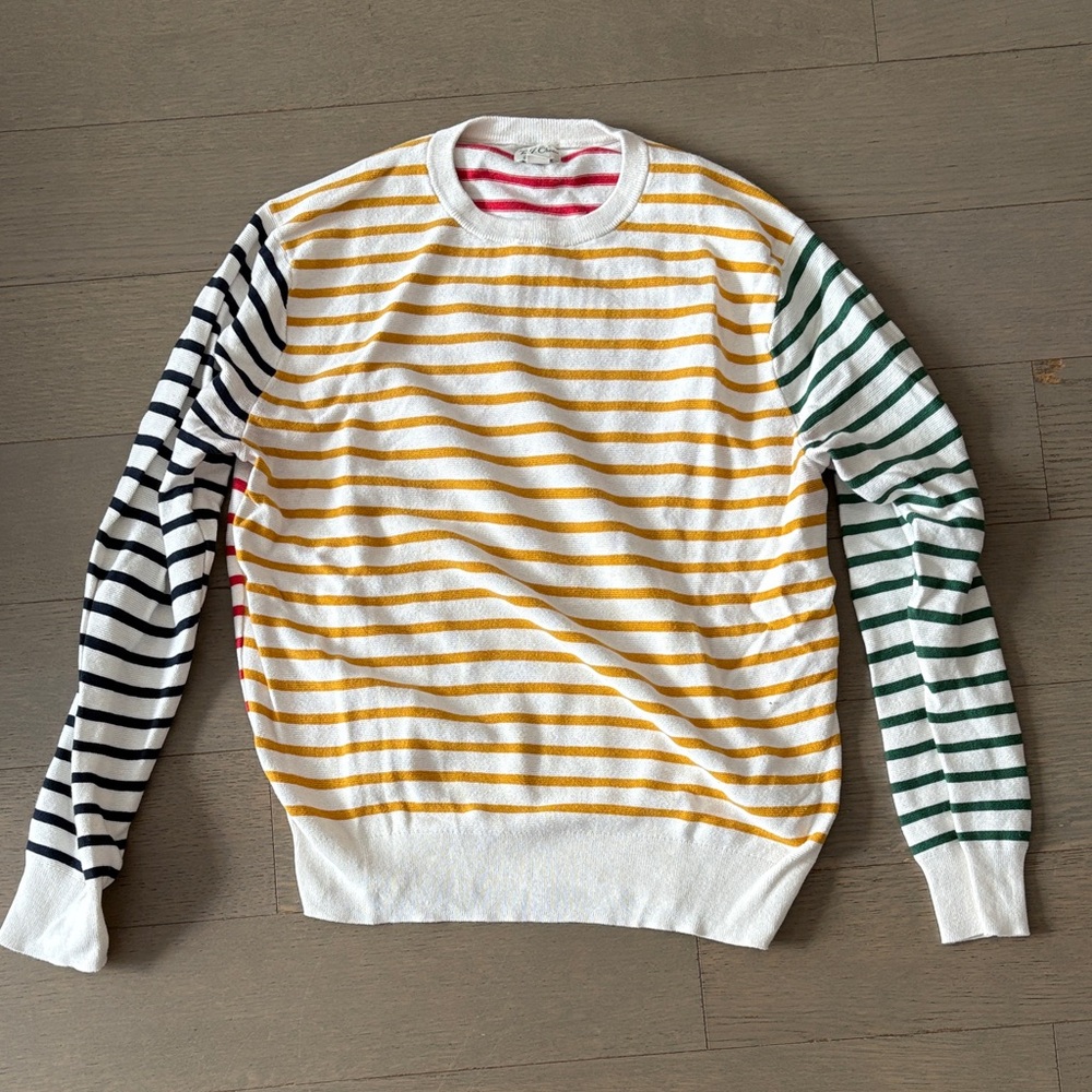 J. Crew White and Yellow Crewneck Sweater with Ribbed Cuffs